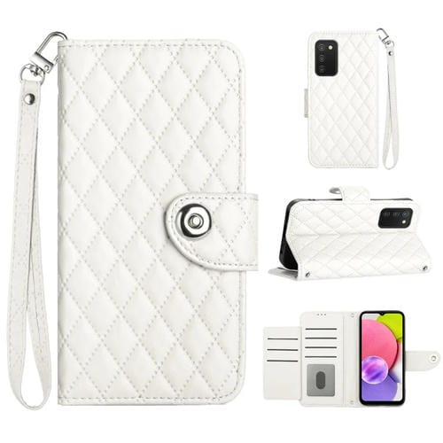 Funda para Teléfono Samsung Galaxy A03S Cuero con Tapa Textura Rómbica y Cordón (Blanco)
