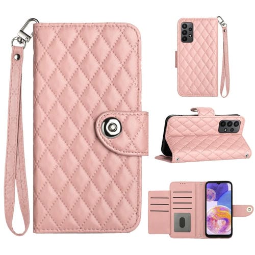 Funda para Teléfono Samsung Galaxy A53 5G Tapa de Cuero Textura Romboidal Cordón (Rosa Coral)
