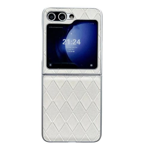 Funda para Teléfono Samsung Galaxy Z Flip5 5G Cuero a Cuadros con Pintura Nacarada y Forma de Diamante (Plata)