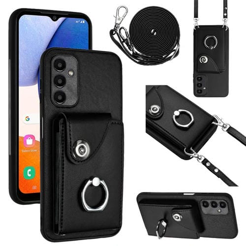 Funda para Teléfono Samsung Galaxy A34 5G con Soporte para Anillo y Bolsa para Tarjeta con Cordón Largo (Negro)