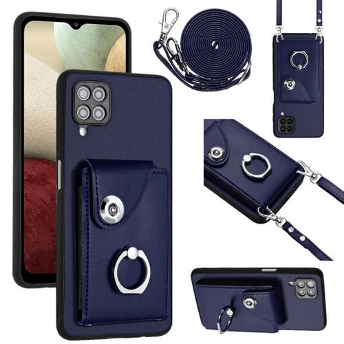 Funda para Teléfono Samsung Galaxy A12 con Soporte para Anillo y Bolsa para Tarjeta con Cordón Largo (Azul)