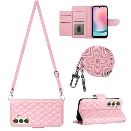 Funda para Teléfono Samsung Galaxy A14 4G / 5G con Tapa de Cuero Textura Rómbica y Cordón Largo (Rosa)