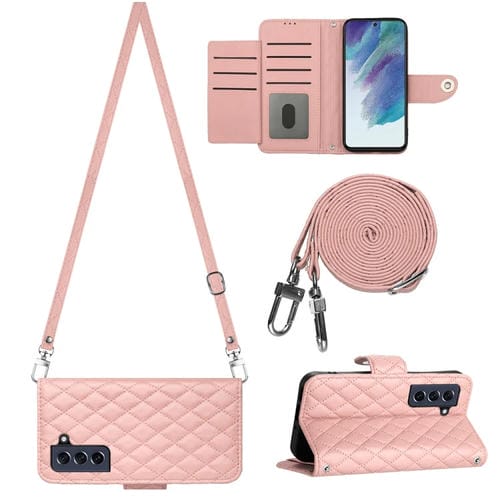 Funda para Teléfono Samsung Galaxy S21 FE 5G Tapa de Cuero Textura Romboidal Cordón Largo (Rosa Coral)