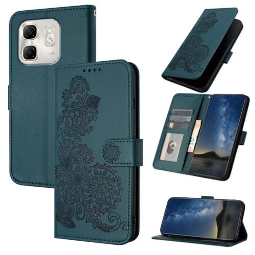 Funda de Cuero con Tapa y Relieve Flor de Datura para Infinix Hot 50I Smart 9 (Verde Oscuro)