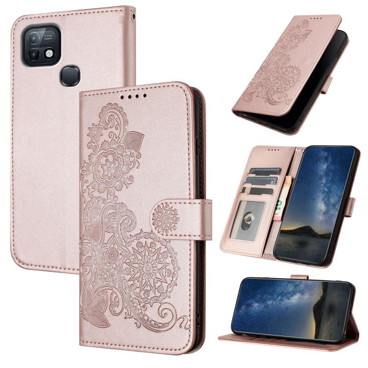 Funda de Cuero con Tapa para Teléfono Infinix Hot 10I con Relieve Flor de Datura (Oro Rosa)