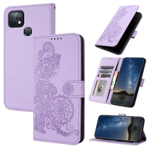 Funda de Cuero con Tapa para Infinix Hot 10I Diseño Flor de Datura en Relieve (Morado)