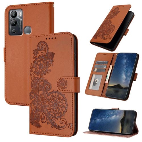 Funda de Cuero con Tapa para Infinix Hot 12I con Diseño Flor de Datura en Relieve (Marrón)