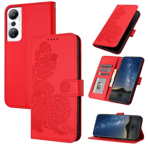 Funda de Cuero con Tapa para Infinix Hot 20 4G con Relieve Flor de Datura (Rojo)
