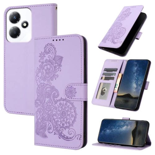 Funda de Cuero con Tapa y Diseño Flor de Datura en Relieve NFC para Infinix Hot 30 Play (Morado)