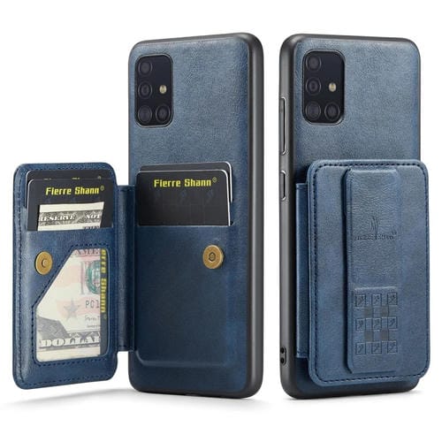 Funda para teléfono Samsung Galaxy A71 4G Fierre Shann Oil Wax con tarjetero de cuero de vaca (Azul)