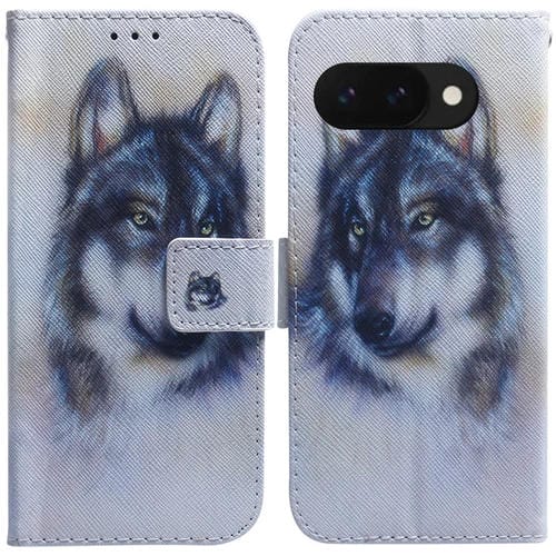 Funda de Cuero con Tapa y Dibujo a Color para Google Pixel 9A (Lobo Blanco)