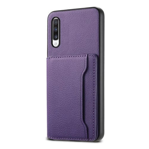 Funda para Teléfono Samsung Galaxy A70 Diseño Bolsa para Tarjetas Textura de Becerro (Púrpura)