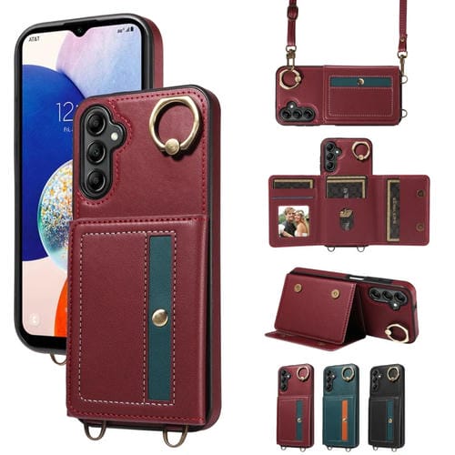 Funda Tipo Cartera Cruzada Samsung Galaxy A15 con Soporte para Anillo Funda de Cuero (Rojo)