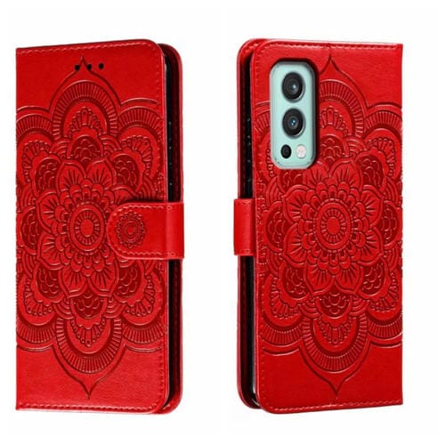 Funda de Cuero para OnePlus Nord 2 5G con Patrón en Relieve Sun Mandala (Rojo)