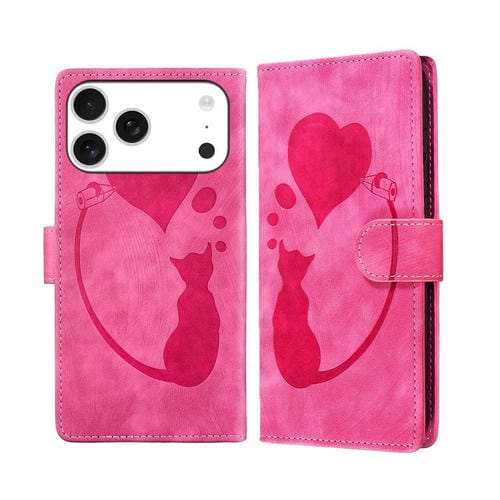 Funda de piel con relieve de gato y corazón para iPhone 17 Pro (rosa)