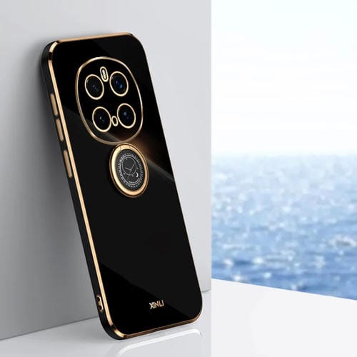 Funda TPU a Prueba de Golpes con Borde Dorado y Revestimiento 6D para Honor Magic7 Pro Xinli con Soporte para Anillo (Negro)