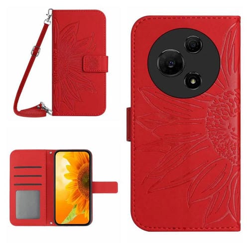 Funda de piel con tapa y cordón para TCL 60 SE / 605, con diseño de girasol en relieve y tacto suave (roja)
