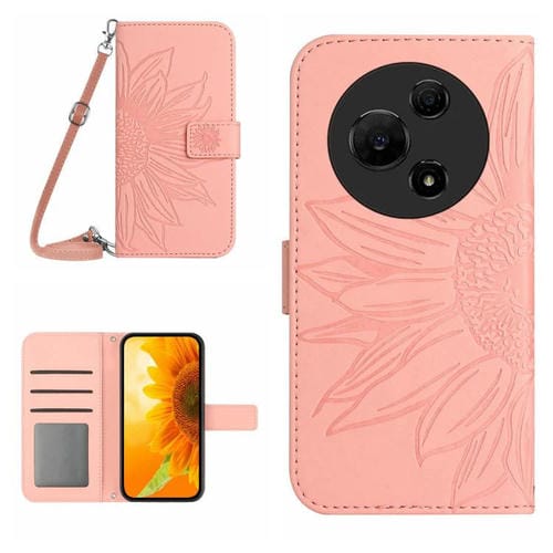 Funda de piel con tapa y cordón para TCL 60 SE / 605, con diseño de girasol en relieve y diseño de piel (rosa)