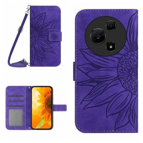 Funda de piel con tapa y cordón para TCL 60 SE / 605, con diseño de girasol en relieve y tacto suave (morado oscuro)