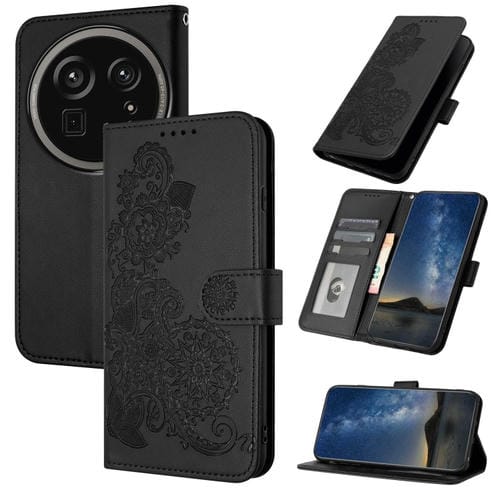 Funda de Cuero con Tapa para Sharp Aquos R9 Pro con Diseño de Flor de Datura en Relieve (Negro)