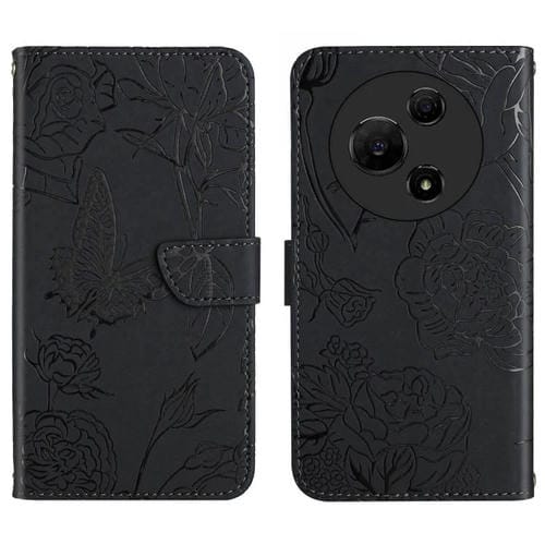 Funda de cuero con tapa y diseño de mariposas en relieve para TCL 60 SE / 605 HT03 (negra)