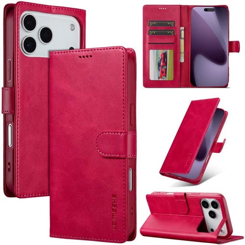 LC.IMEEKE Funda de piel con textura de becerro y tapa horizontal para iPhone 17 Pro (Rojo)