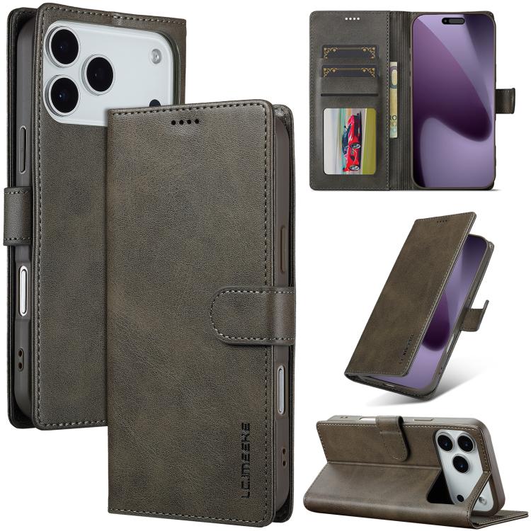 LC.IMEEKE Funda de piel con textura de becerro y tapa horizontal para iPhone 17 Pro (gris)