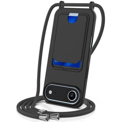 Funda de silicona líquida de color sólido con cordón para iPhone 17 Air, con tarjetero integrado (negro)