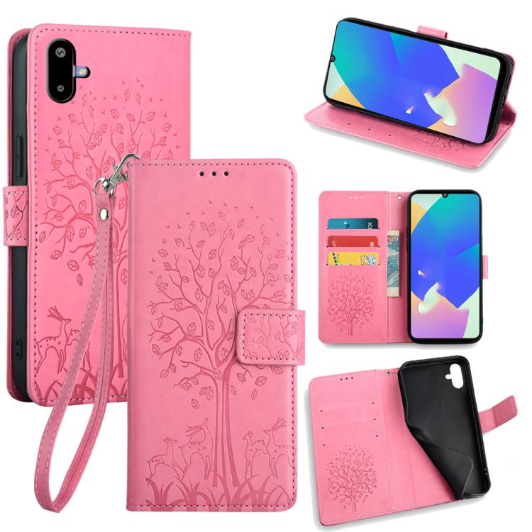 Funda de piel con relieve de árbol y ciervo para Samsung Galaxy F06 5G (rosa)
