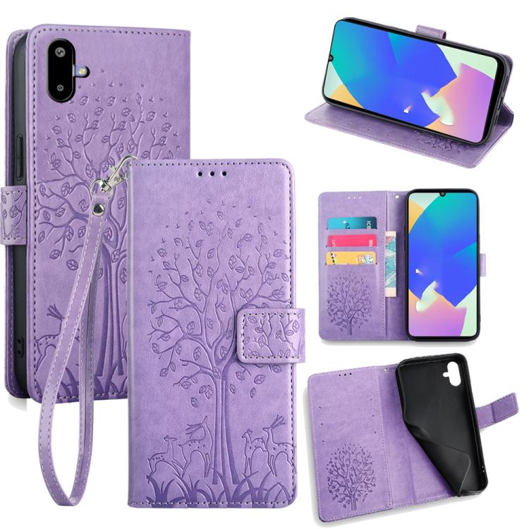 Funda de piel con relieve de árbol y ciervo para Samsung Galaxy F06 5G (morada)