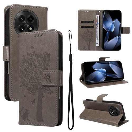 Funda de Cuero con Tapa para OnePlus 13 con Diseño de Árbol y Gato en Relieve (Gris)