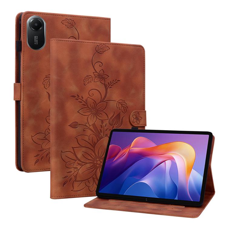 Funda de piel con relieve Lily para Redmi Pad 2 / Redmi Pad SE 11 2025 (marrón)