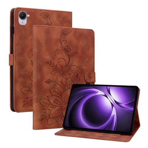 Funda de piel con relieve de lirio para Xiaomi Redmi K Pad de 8,8 pulgadas (marrón)