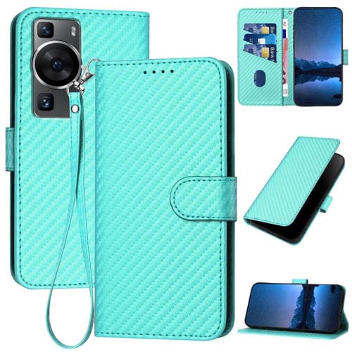 Funda de Cuero Huawei P60 / P60 Pro Yx0070 con Hebilla de Fibra de Carbono y Cordón (Azul Claro)