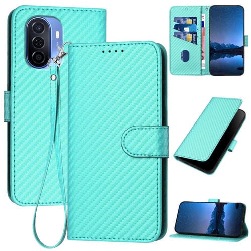 Funda de Cuero con Hebilla de Fibra de Carbono y Cordón para Huawei Enjoy 50/Nova Y70 Yx0070 (Azul Claro)
