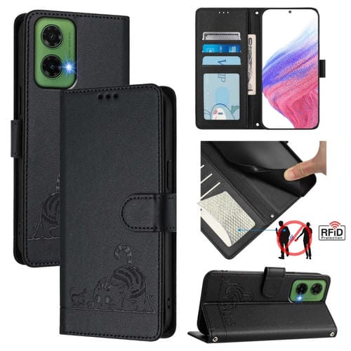 Funda de Cuero Rfid para Motorola Moto G35 con Estampado de Rata y Gato en Relieve y Cordón (Negro)