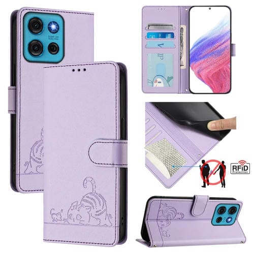 Funda de Cuero RFID para Motorola Moto G75 con Estampado de Rata y Gato en Relieve y Cordón (Morado)