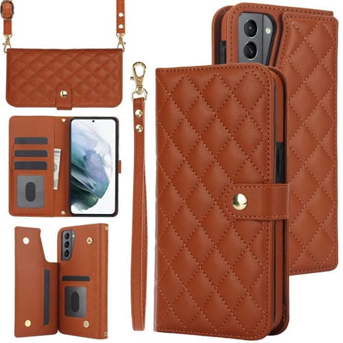 Estuche para Teléfono Samsung Galaxy S22+ 5G Crossbody Cuero Rómbico Multifunción (Marrón)