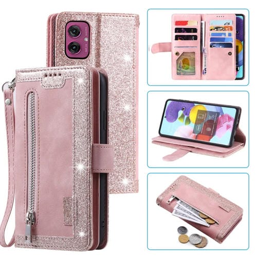 Funda de Cuero con Cremallera y Cordón para Motorola Moto G55 Nine Card (Rosa)