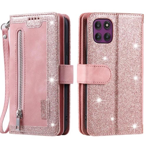 Funda de cuero con cremallera y cordón para Motorola Edge 60 Pro (rosa)
