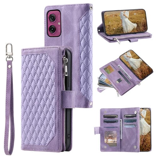 Funda de Cuero con Cremallera y Textura de Cuadrícula para Motorola Moto G55 con Cordón (Morado)