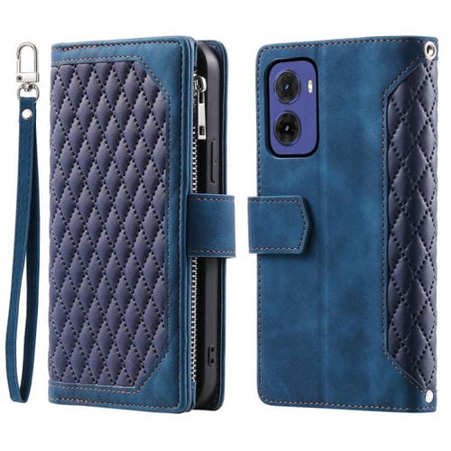 Funda de Cuero con Cremallera y Textura de Cuadrícula para Motorola Moto G05 con Cordón (Azul)