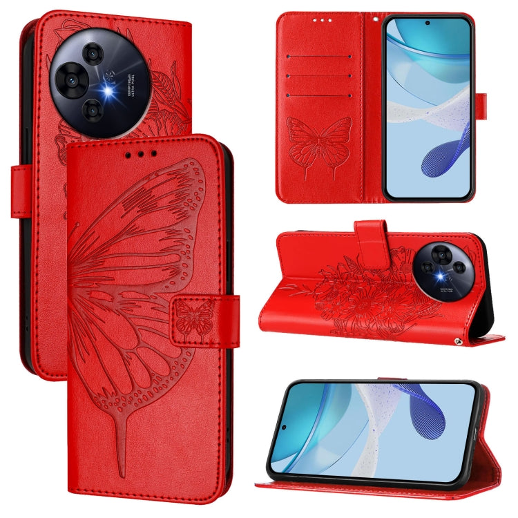 Funda de Cuero con Relieve Mariposa para Teléfono TCL 50 Pro Nxtpaper (Rojo)