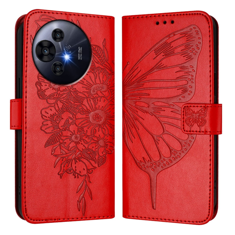 Funda de Cuero con Relieve Mariposa para Teléfono TCL 50 Pro Nxtpaper (Rojo)