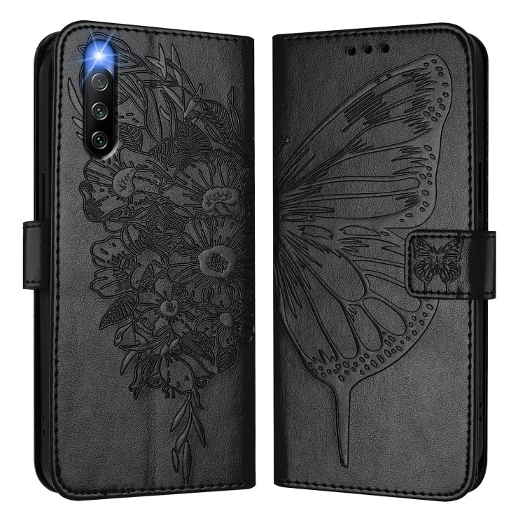 Funda de Cuero para Sony Xperia 10 IV con Diseño de Mariposa en Relieve (Negra)