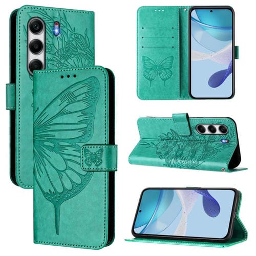 Funda de Piel para Tecno Camon 40 4G con Diseño de Mariposa en Relieve (Verde)