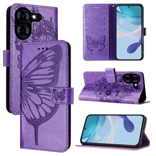 Funda de piel con diseño de mariposa en relieve para Tecno Pova 5 4G (morado claro)