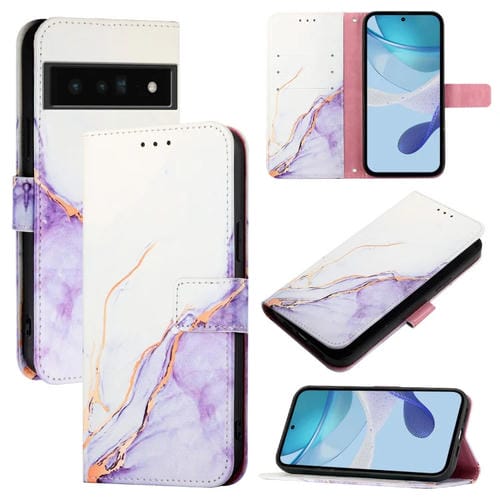Funda para Google Pixel 6 Pro Pt003 de Cuero con Tapa y Patrón de Mármol (Blanco y Morado)