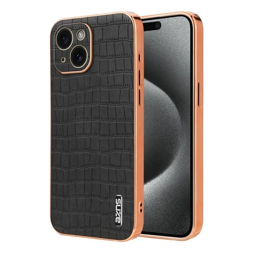 Funda para teléfono Azns iPhone 15 Cobertura total Textura cocodrilo Marco galvanizado (Negro) - MOVILSTORE