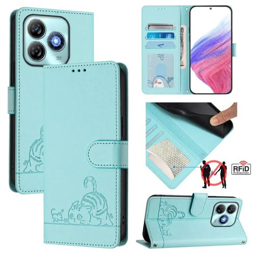 Funda Cuero Rfid ZTE Blade A75 4G Estampado Rata y Gato con Cordón (Verde Menta)